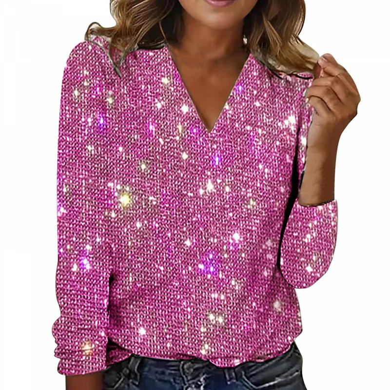 Plus Size Women Top Sequin V Neck Glitter Party Elegant Blouse