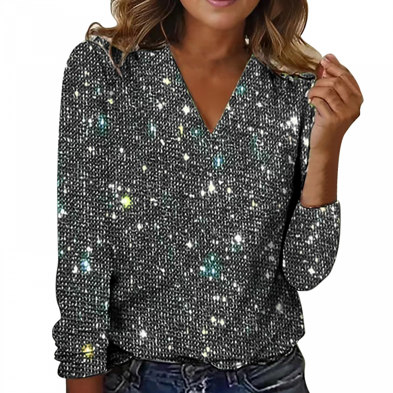 Plus Size Women Top Sequin V Neck Glitter Party Elegant Blouse