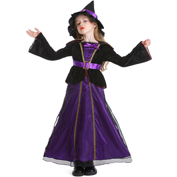 Purple Witch Long Cloak Dress Hat Kids Cosplay Costume