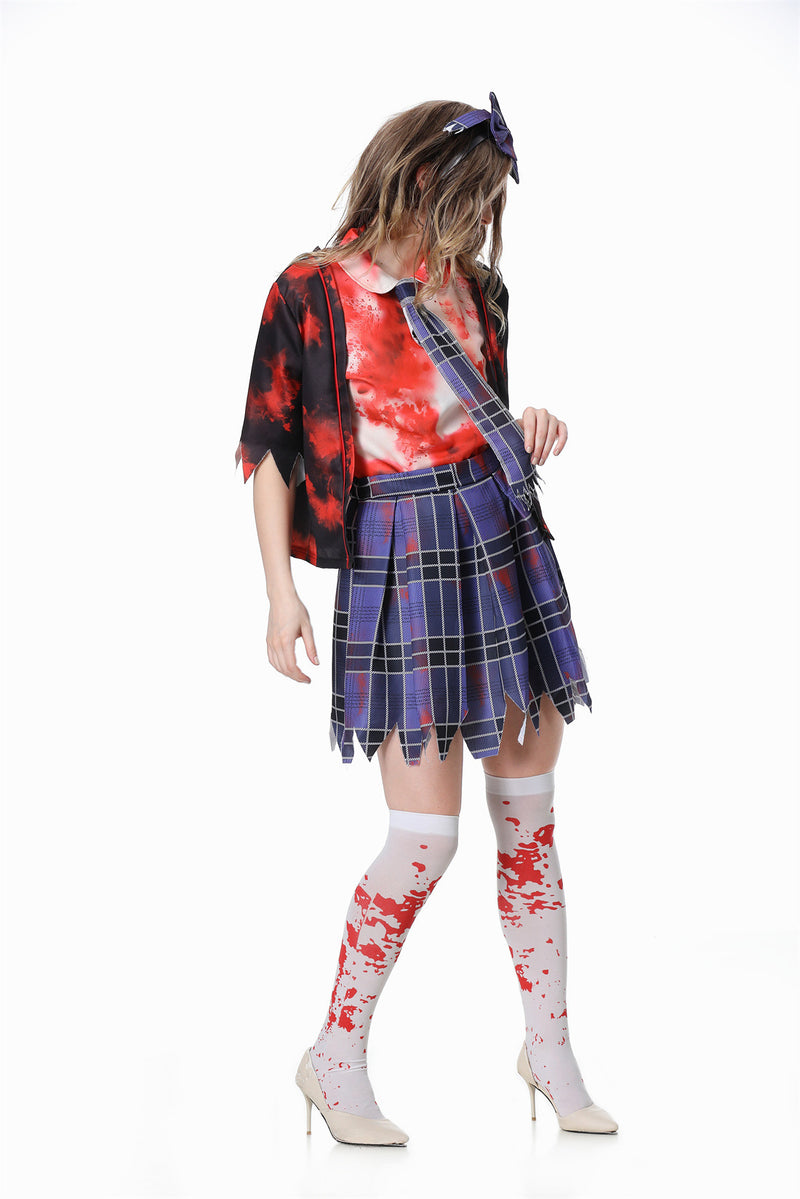 Ghost Cosplay Costume Shirt Tie Short Pleated Skirt Zombie Set Halloween Uniform