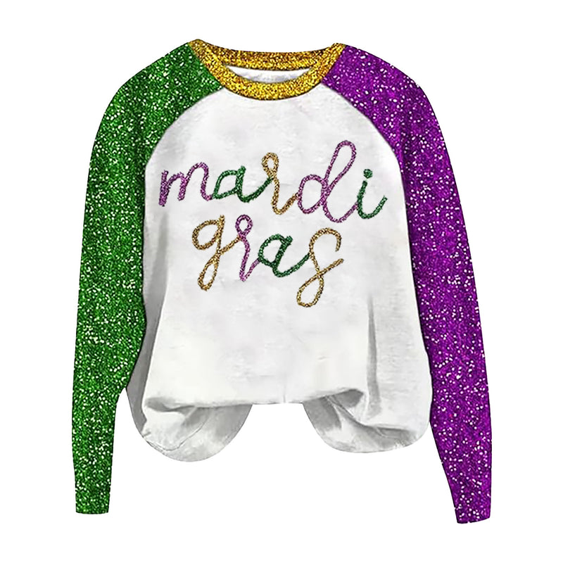 Round Neck Sweatshirts Sequin Long Sleeve Carnival Printed Sweater