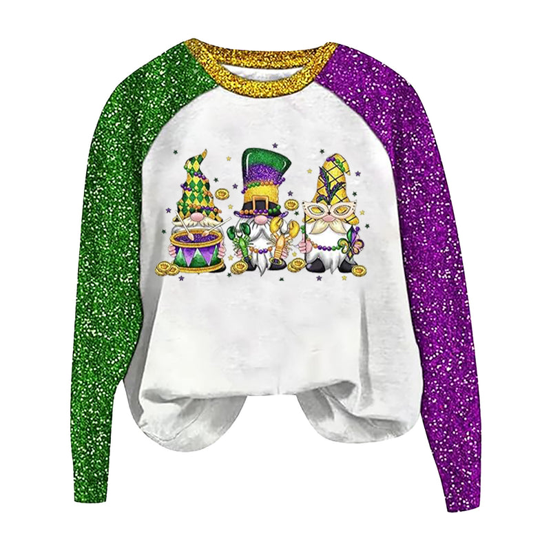 Round Neck Sweatshirts Sequin Long Sleeve Carnival Printed Sweater