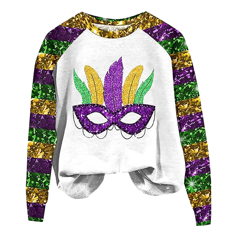 Round Neck Sweatshirts Sequin Long Sleeve Carnival Printed Sweater