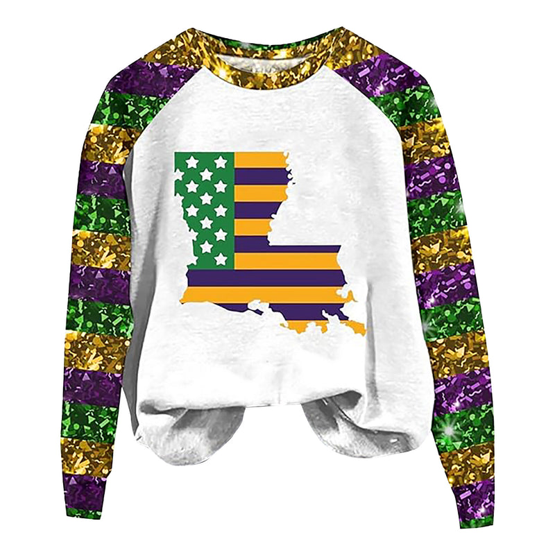 Round Neck Sweatshirts Sequin Long Sleeve Carnival Printed Sweater