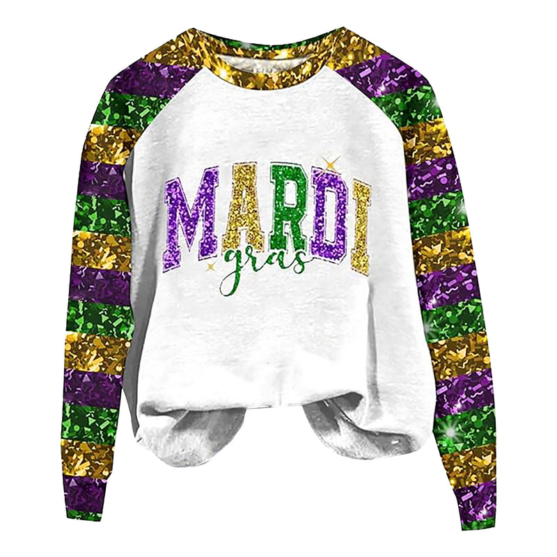 Round Neck Sweatshirts Sequin Long Sleeve Carnival Printed Sweater