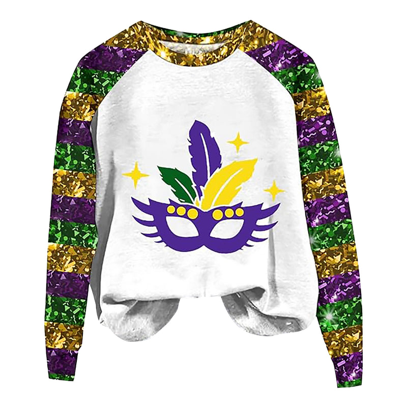 Round Neck Sweatshirts Sequin Long Sleeve Carnival Printed Sweater