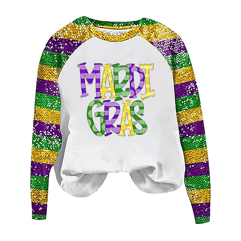 Round Neck Sweatshirts Sequin Long Sleeve Carnival Printed Sweater