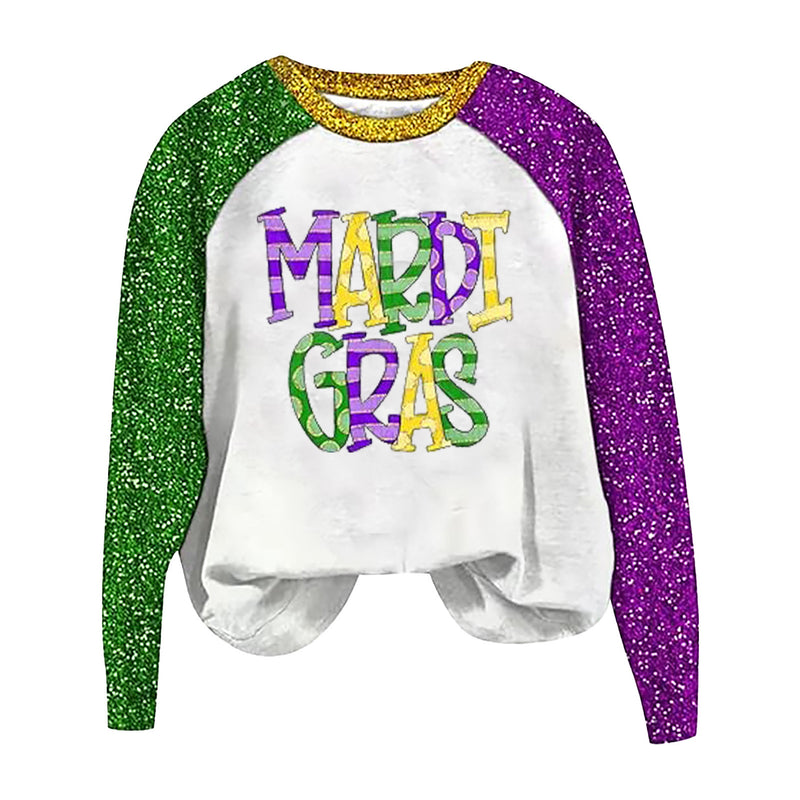 Round Neck Sweatshirts Sequin Long Sleeve Carnival Printed Sweater