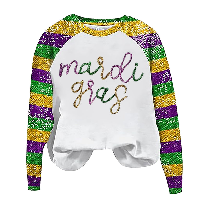 Round Neck Sweatshirts Sequin Long Sleeve Carnival Printed Sweater