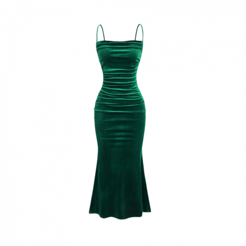 Ruched Velvet Dress for Women Spaghetti Strap Bodycon Mermaid Gown