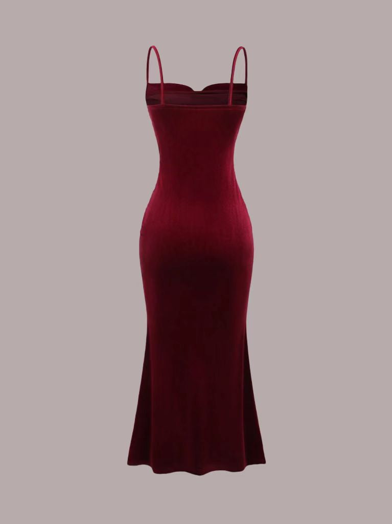 Ruched Velvet Dress for Women Spaghetti Strap Bodycon Mermaid Gown