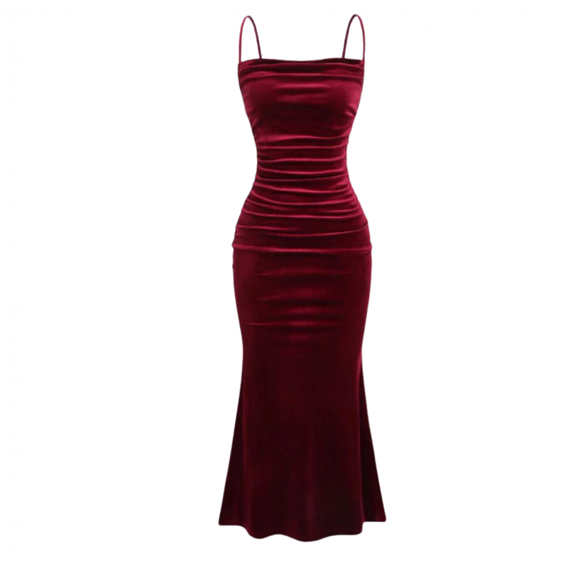 Ruched Velvet Dress for Women Spaghetti Strap Bodycon Mermaid Gown