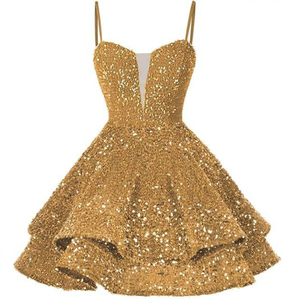 Sequin Homecoming Dress Tiered for Teens Sparkly Spaghetti Strap Cocktail Gown