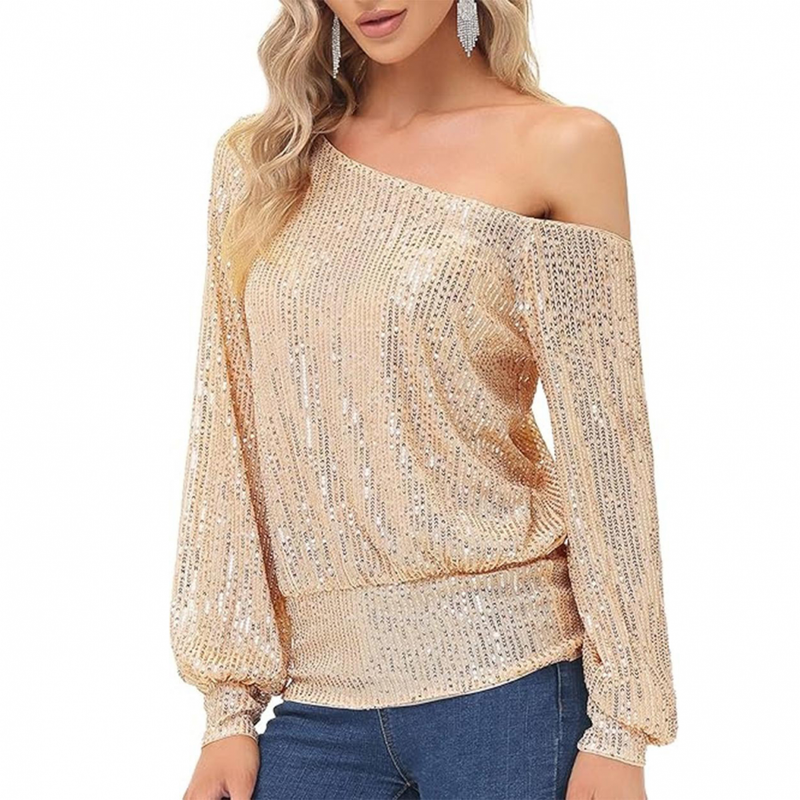 Sequin One Shoulder Sparkly Tops for Holiday Evening Party Club Night