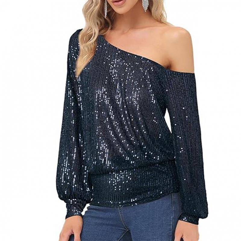 Sequin One Shoulder Sparkly Tops for Holiday Evening Party Club Night