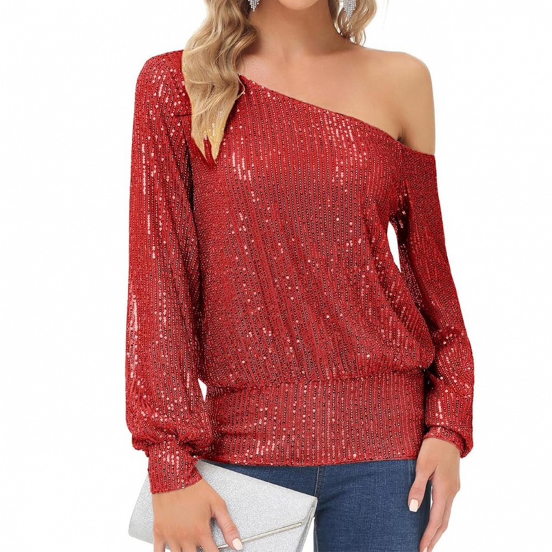 Sequin One Shoulder Sparkly Tops for Holiday Evening Party Club Night