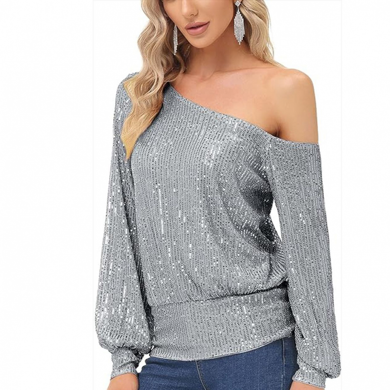 Sequin One Shoulder Sparkly Tops for Holiday Evening Party Club Night