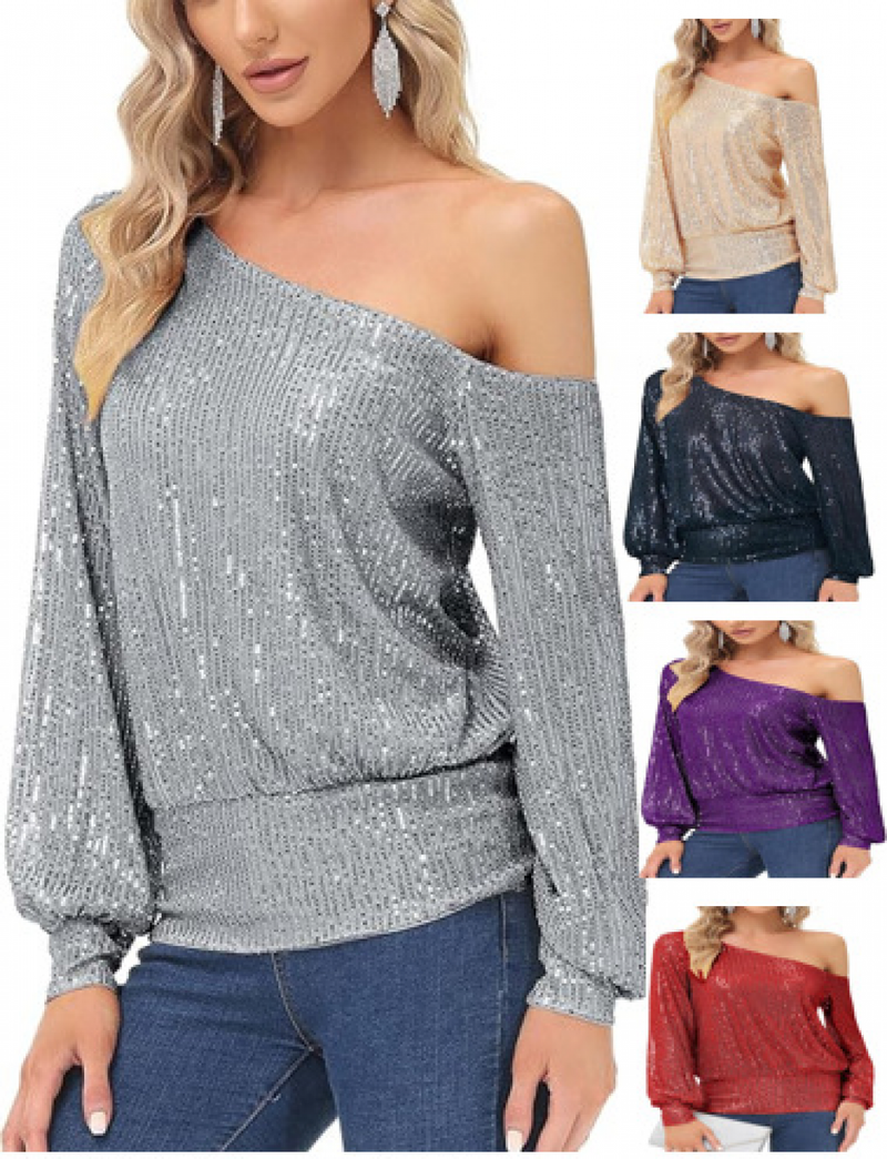 Sequin One Shoulder Sparkly Tops for Holiday Evening Party Club Night