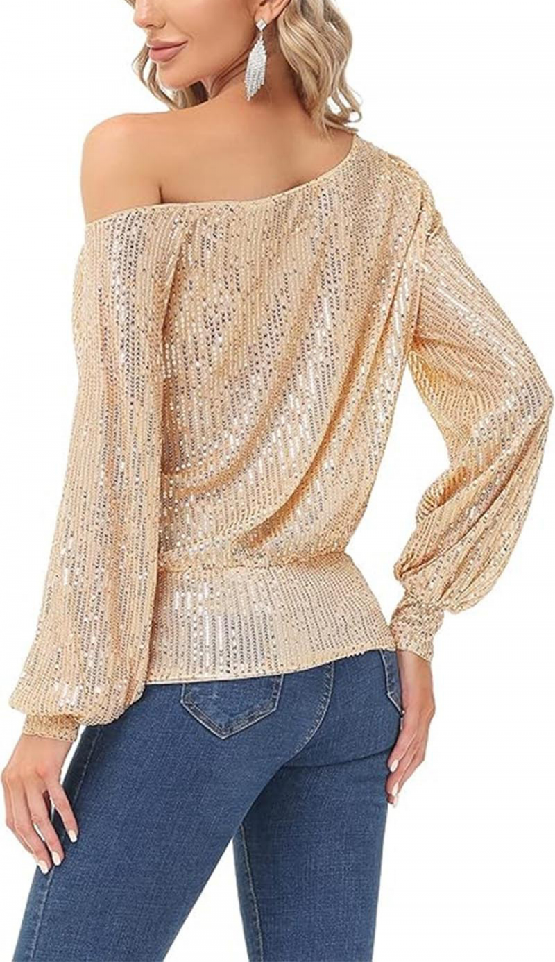 Sequin One Shoulder Sparkly Tops for Holiday Evening Party Club Night