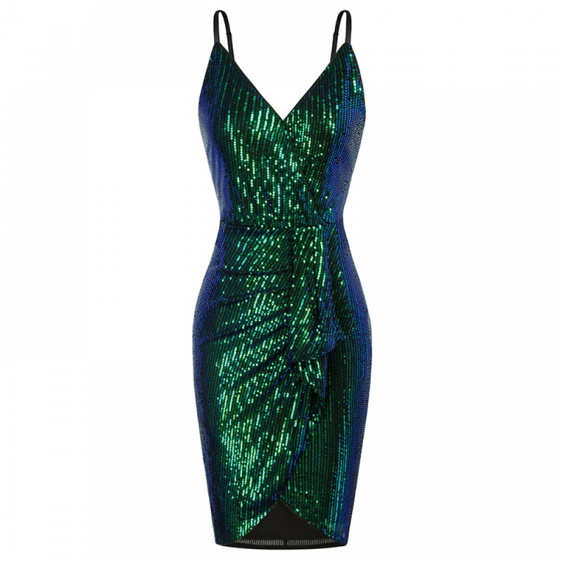 Sequin Ruched Cocktail Party Spaghetti Straps Glitter Bodycon Dress