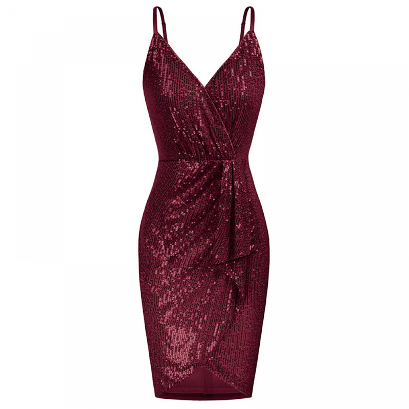 Sequin Ruched Cocktail Party Spaghetti Straps Glitter Bodycon Dress