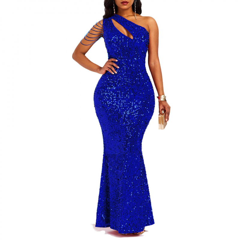 Sexy Sequin One Shoulder Tassel Mermaid Bodycon Cocktail Evening Dress