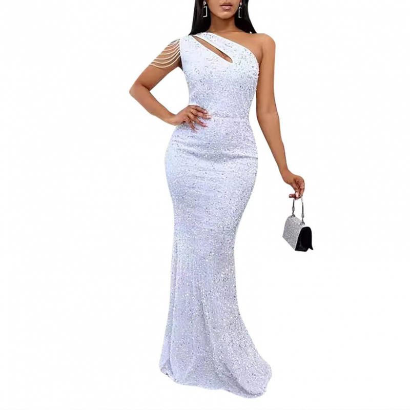 Sexy Sequin One Shoulder Tassel Mermaid Bodycon Cocktail Evening Dress