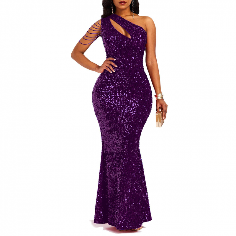 Sexy Sequin One Shoulder Tassel Mermaid Bodycon Cocktail Evening Dress