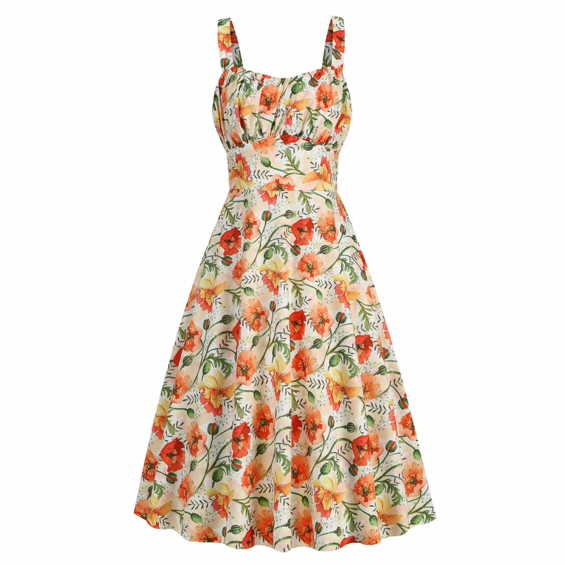 Sleeveless Floral Printed Ruched Summer A-Line Flowy Swing Midi Dress