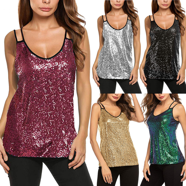 Sleeveless Sequin Sparkle Glitter Tank Shimmer Camisole Vest Tops