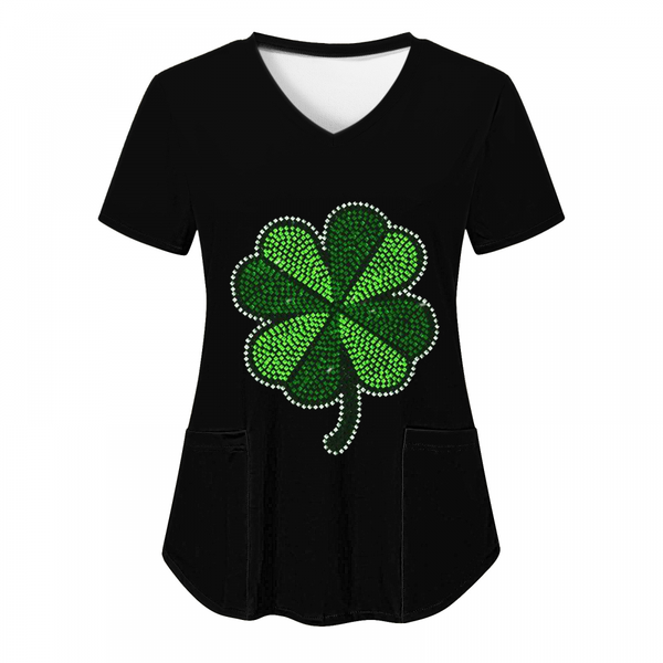 St.Patrick's Day Scrub Blouse Casual V Neck Shamrock T Shirt with Pocket