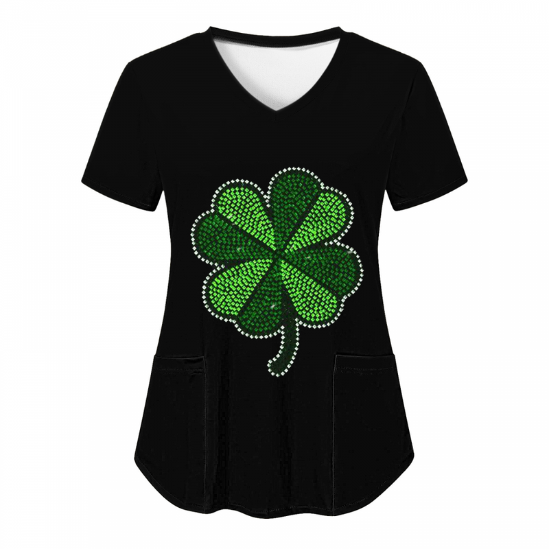 St.Patrick's Day Scrub Blouse Casual V Neck Shamrock T Shirt with Pocket