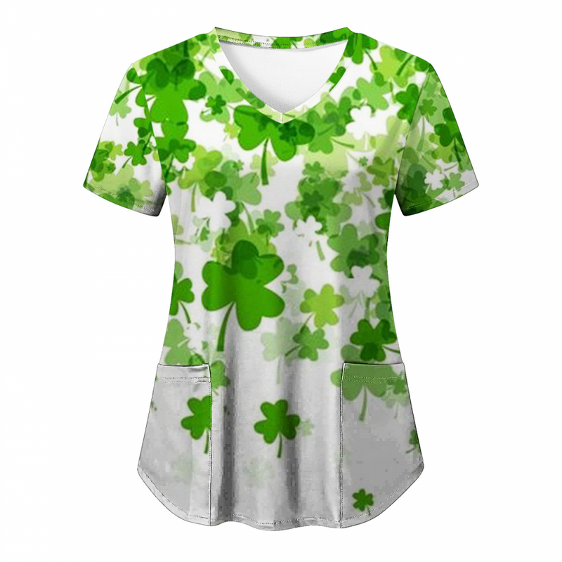 St.Patrick's Day Scrub Blouse Casual V Neck Shamrock T Shirt with Pocket