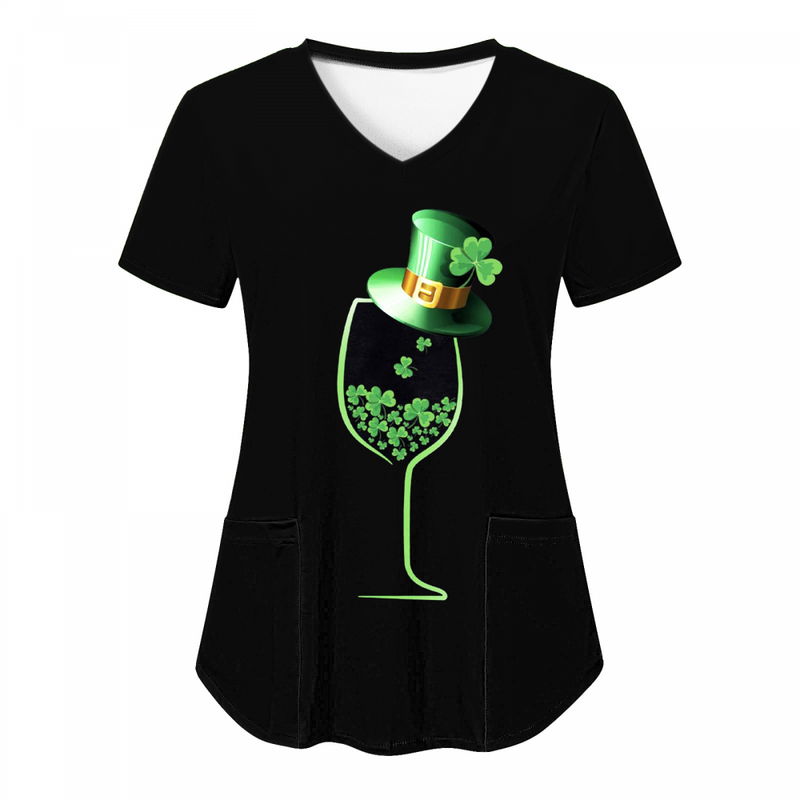 St.Patrick's Day Scrub Blouse Casual V Neck Shamrock T Shirt with Pocket