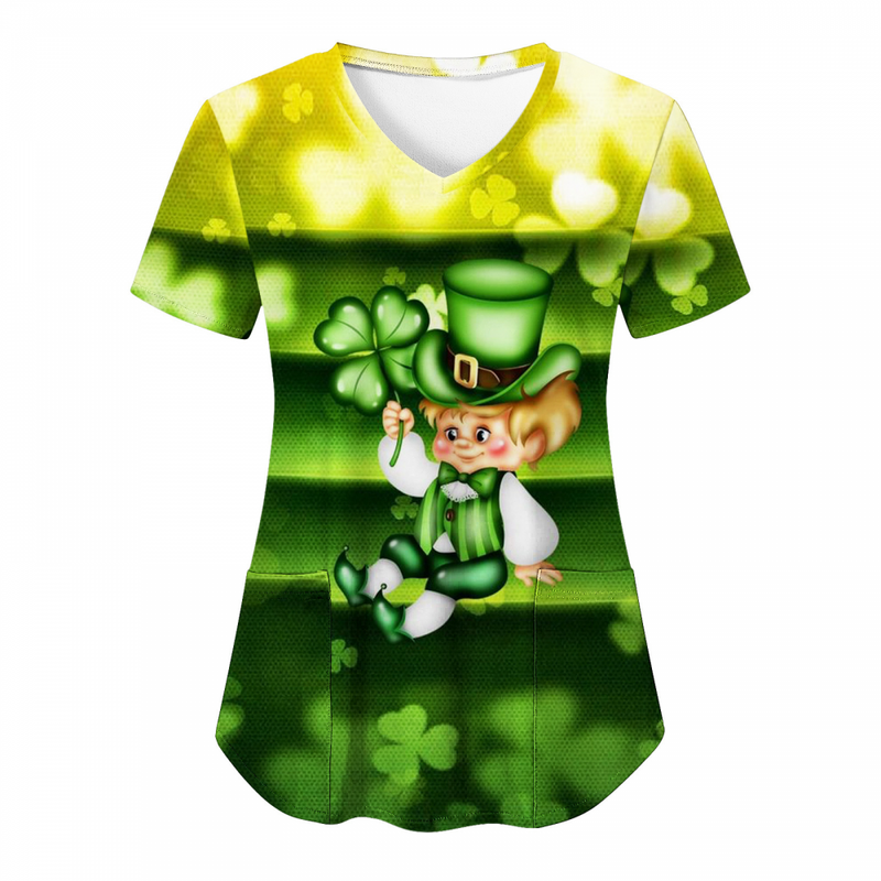 St.Patrick's Day Scrub Blouse Casual V Neck Shamrock T Shirt with Pocket