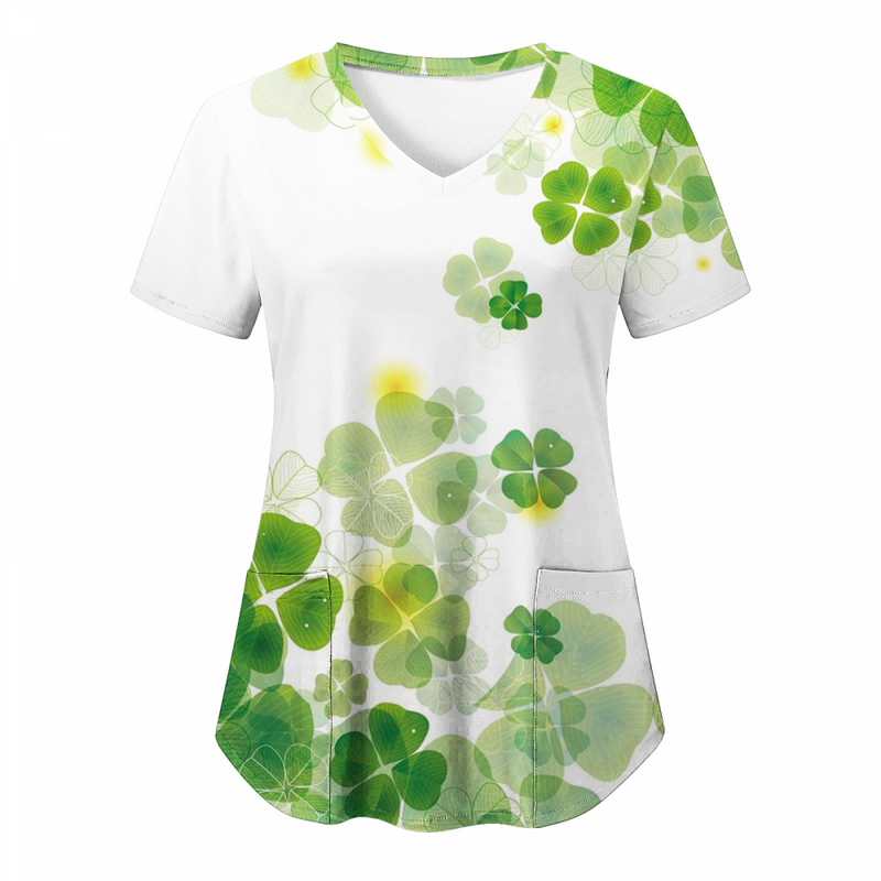 St.Patrick's Day Scrub Blouse Casual V Neck Shamrock T Shirt with Pocket