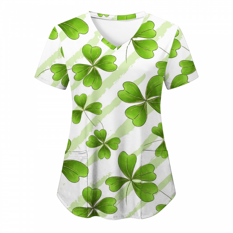 St.Patrick's Day Scrub Blouse Casual V Neck Shamrock T Shirt with Pocket