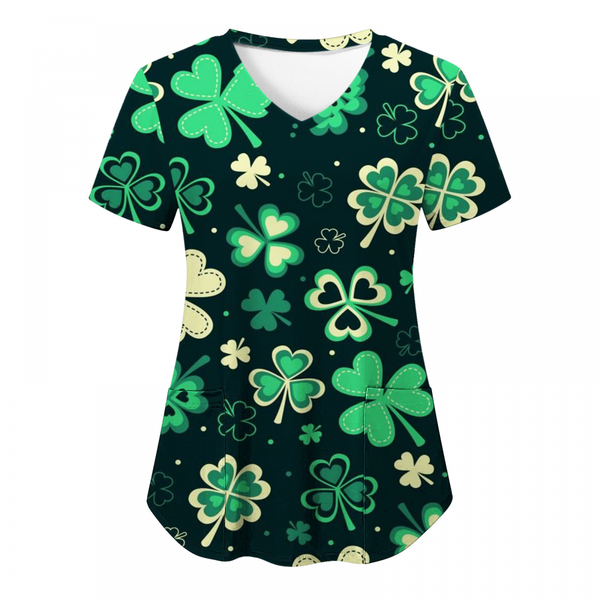 St.Patrick's Day Scrub Tops Casual Printed Shamrock T Shirt with Pocket