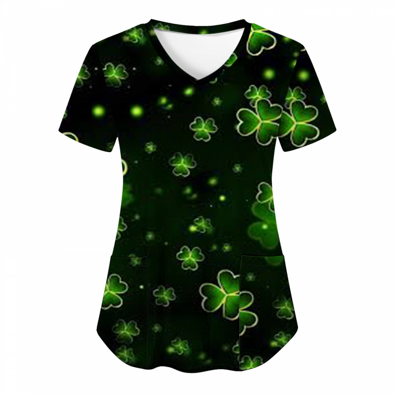 St.Patrick's Day Scrub Tops Casual Printed Shamrock T Shirt with Pocket