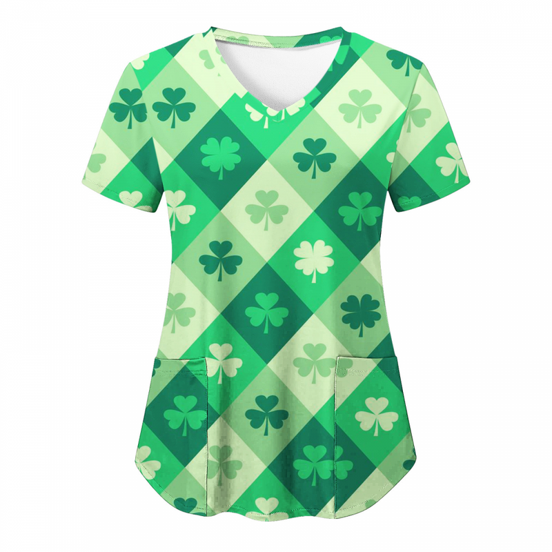 St.Patrick's Day Scrub Tops Casual Printed Shamrock T Shirt with Pocket