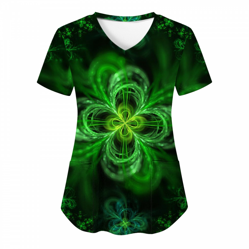 St.Patrick's Day Scrub Tops Casual Printed Shamrock T Shirt with Pocket