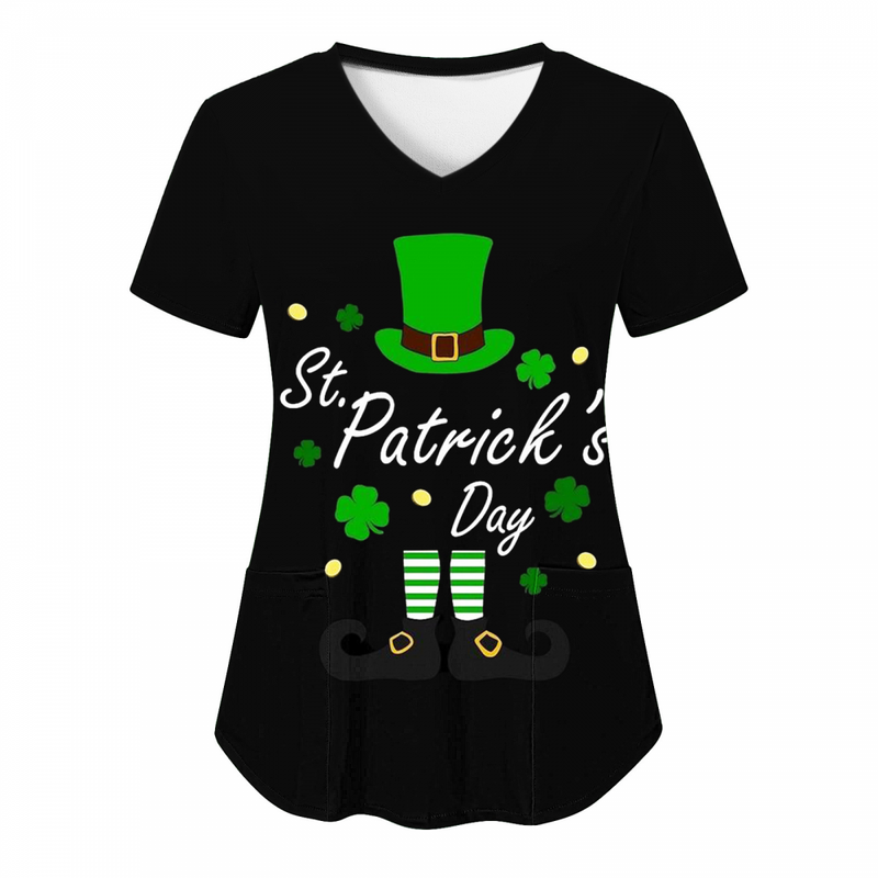 St.Patrick's Day Scrub Tops Casual Printed Shamrock T Shirt with Pocket