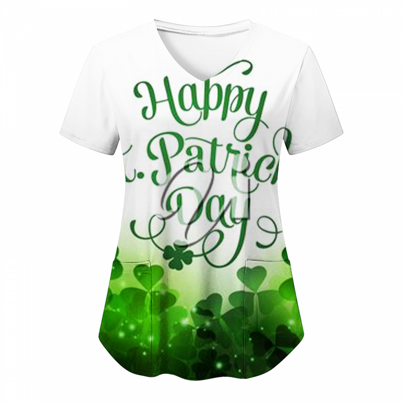 St.Patrick's Day Scrub Tops Casual Printed Shamrock T Shirt with Pocket