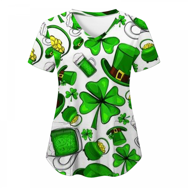 St.Patrick's Day Scrub Tops Casual Shamrock Summer T Shirt with Pocket