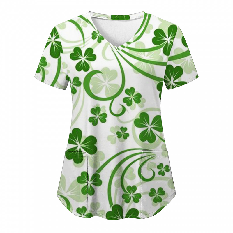 St.Patrick's Day Scrub Tops Casual Shamrock Summer T Shirt with Pocket