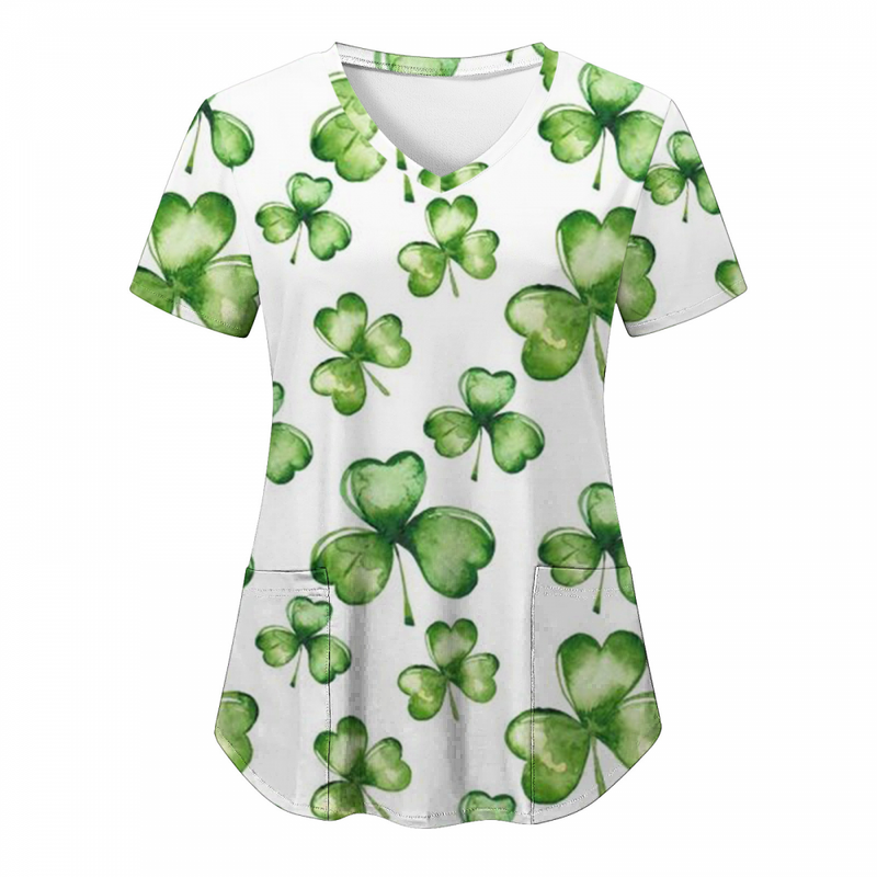 St.Patrick's Day Scrub Tops Casual Shamrock Summer T Shirt with Pocket