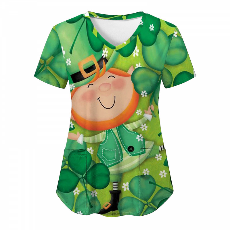 St.Patrick's Day Scrub Tops Casual Shamrock Summer T Shirt with Pocket