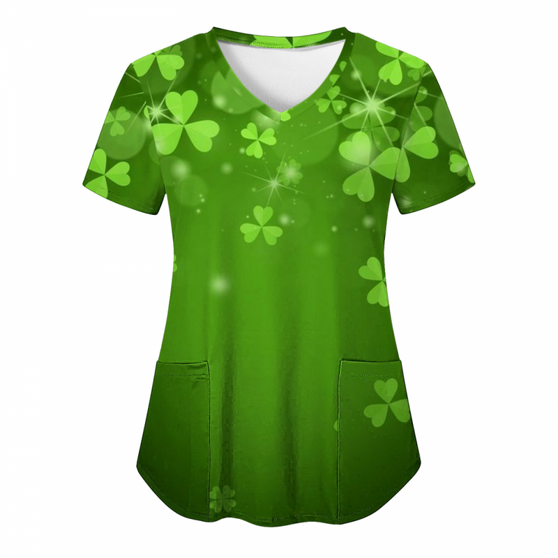 St.Patrick's Day Scrub Tops Casual Shamrock Summer T Shirt with Pocket