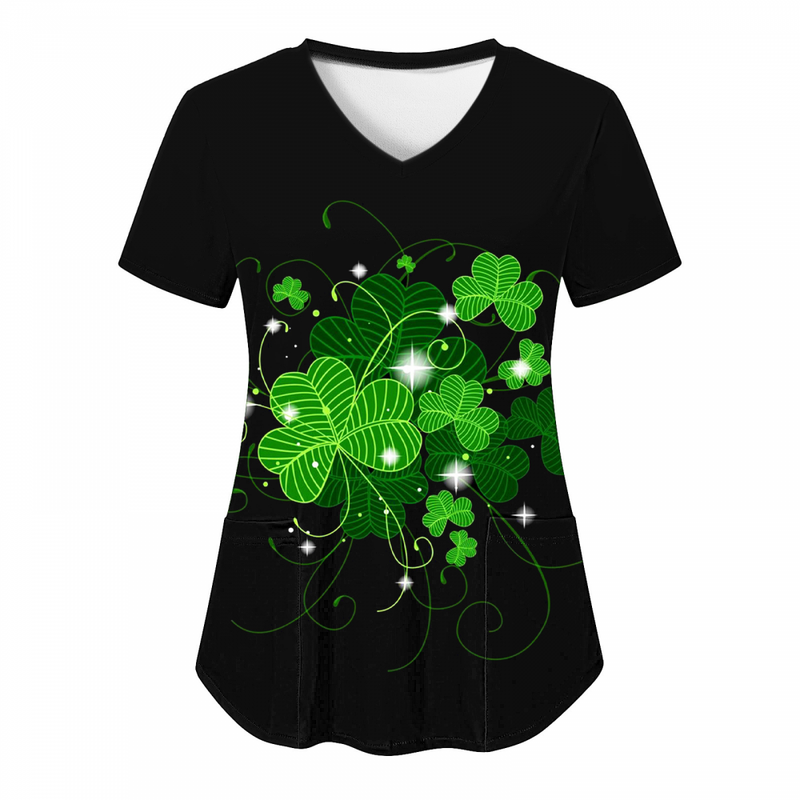 St.Patrick's Day Scrub Tops Casual Shamrock Summer T Shirt with Pocket