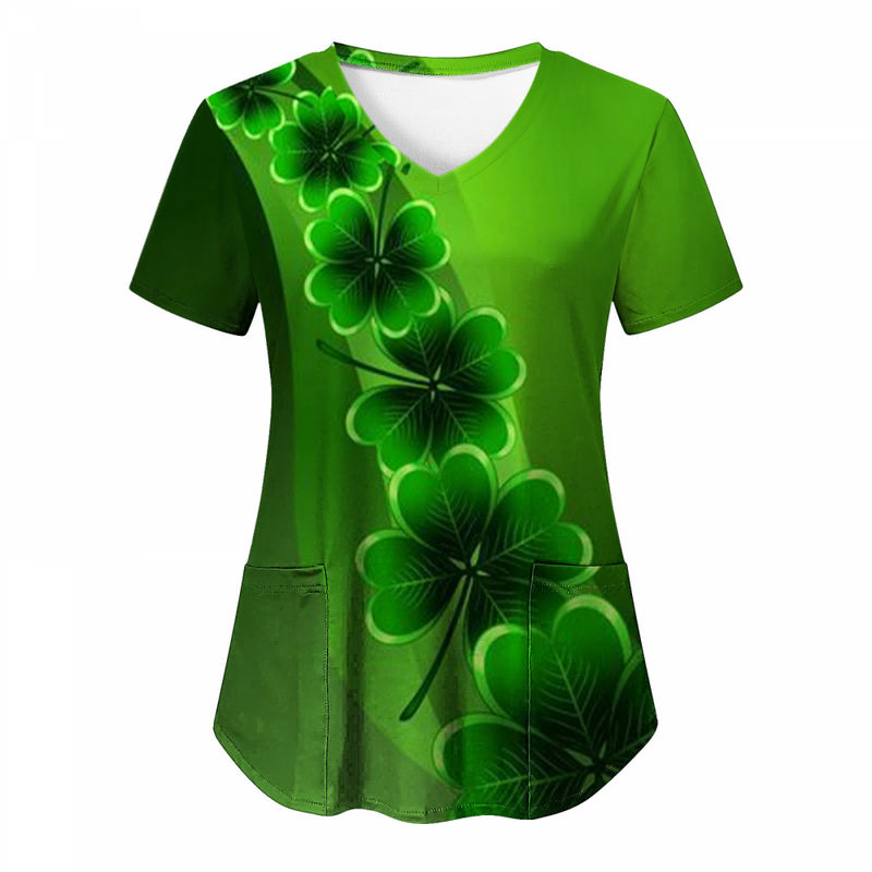 St.Patrick's Day Scrub Tops Casual Shamrock Summer T Shirt with Pocket